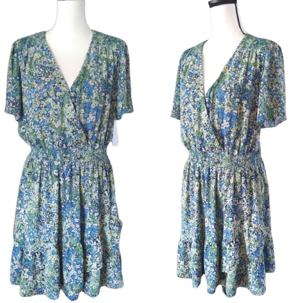🌿🦋19 Cooper XL Floral Wrap Top Elastic Waist Tiered Ruffle Hem Babydoll Dress